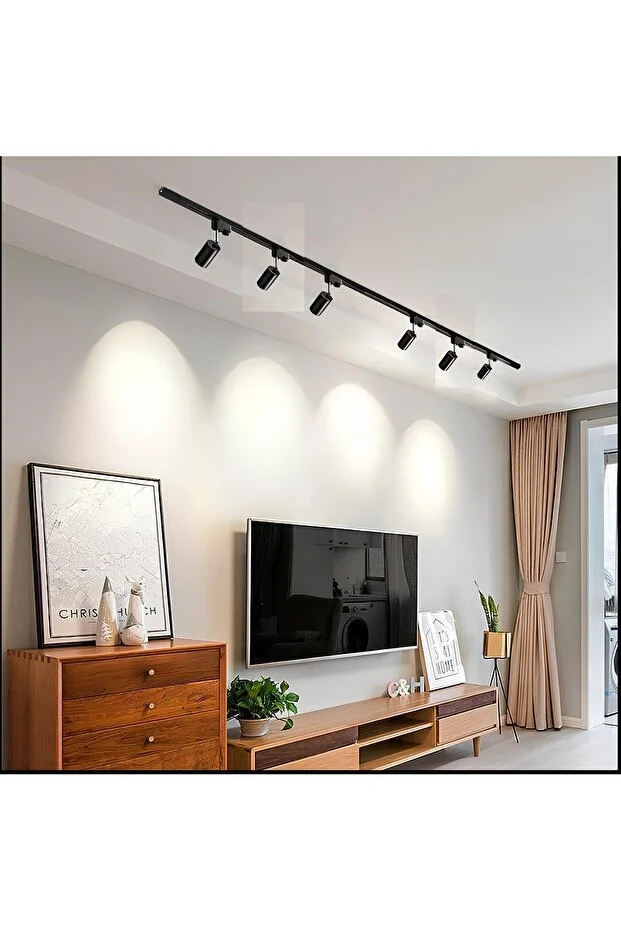 Siyah kasa, beyaz ışık, 6 adet, 360° dönen LED ray spot ve 2 metre raylı armatür